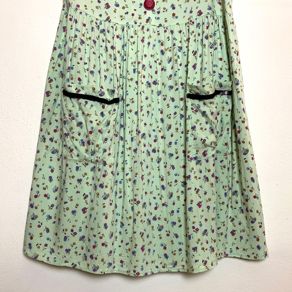 Vintage 1980s light green floral sleeveless collared dress size L - Picture 7 of 15